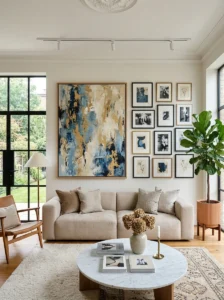 Beautifully decorated large living room feature wall