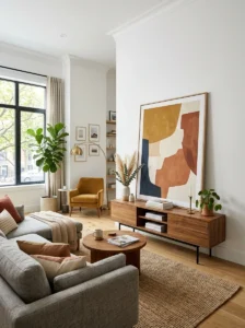 Large framed artwork decorating a rental living room