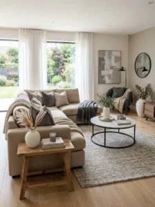 Warm and cool neutral tones in a living room