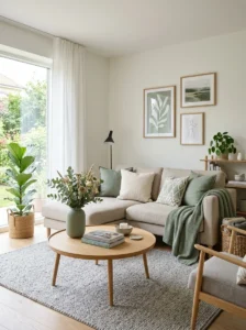 Modern living room with neutral furniture and coordinated accent color