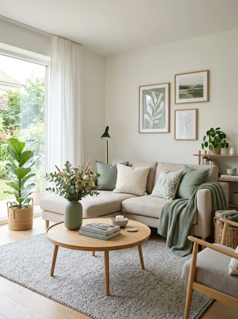 Modern living room with neutral furniture and coordinated accent color
