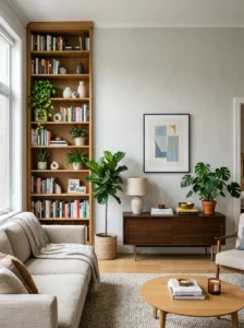 Built-in shelving decorating a large living room wall
