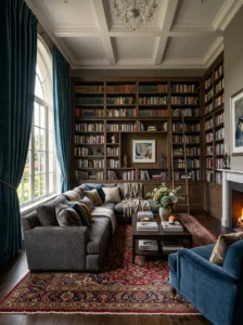 Bookshelves and soft furnishings creating a quieter cozy living room