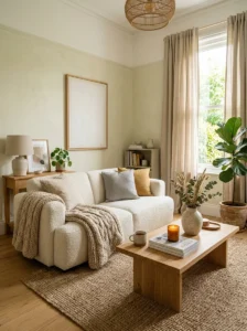 Modern living room with layered textures for a warm and cozy feel.