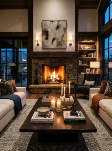 Living room with candles and fireplace at night