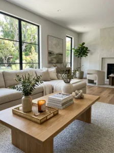 Beautifully styled coffee table in a modern living room