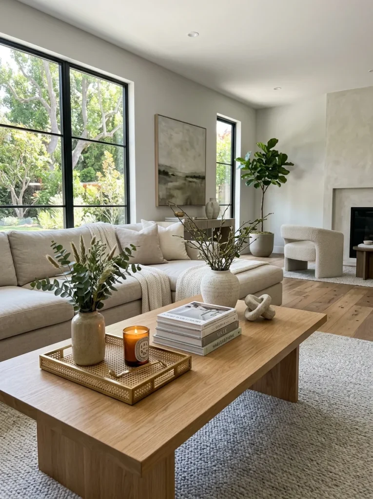 Beautifully styled coffee table in a modern living room