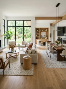 Area rugs defining separate living and dining zones