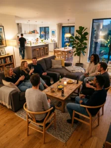 Dining chairs used as extra seating in a shared living room