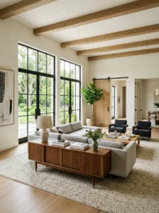 Floating sofa arrangement in a living room with many doors and windows