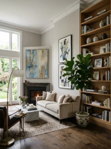 Living room using plants and lighting to create height variation