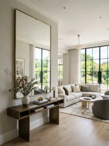 Large decorative mirror on a living room wall