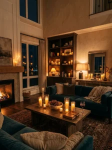 Candles adding warmth to a living room at nightCandles adding warmth to a living room at night