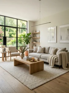 Timeless neutral greige sofa in a modern living room