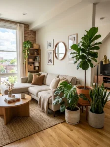 Indoor plants adding personality to a rental living room
