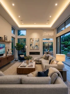 Well-lit living room using layered lighting design