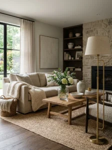 Living room featuring layered textures and mixed materials