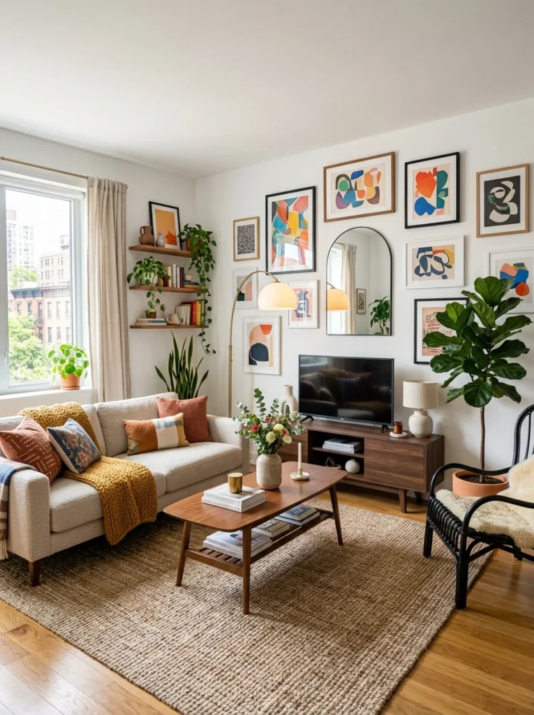 Stylish rental living room with white walls and personalized décor