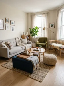 Organized small living room with family-friendly design
