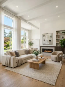 Bright living room with balanced natural and artificial lighting