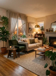 Balanced living room seating with TV placed for conversation and entertainment
