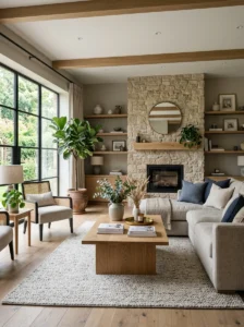 Living room with a balanced natural color palette and neutral sofa