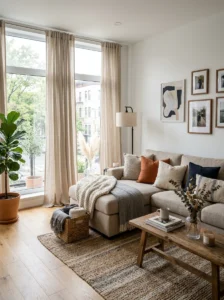 Curtains and cushions adding warmth to a rental living room