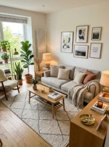 Stylish rental living room with layered décor and personal touches