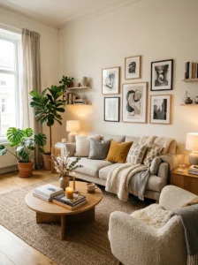 Layered décor making a rental living room feel like home