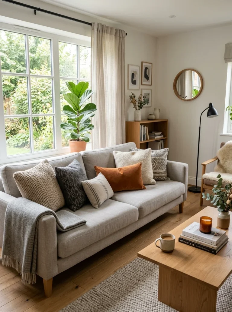 Stylish throw pillows on a modern Scandinavian sofa.