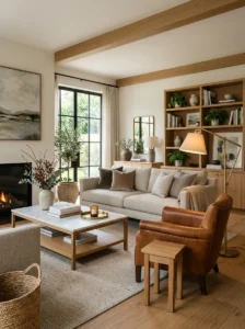 Living room furniture arranged around properly placed TV
