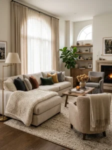 Layered textiles creating a cozy living room