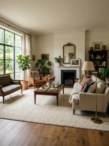 Rug, lighting and plants connecting mixed furniture styles