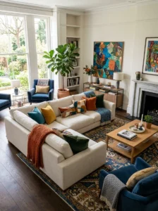 Neutral sofa styled with colorful accessories in a living room
