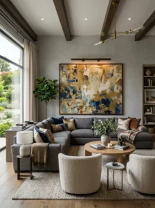 Large focal wall behind a living room sofa