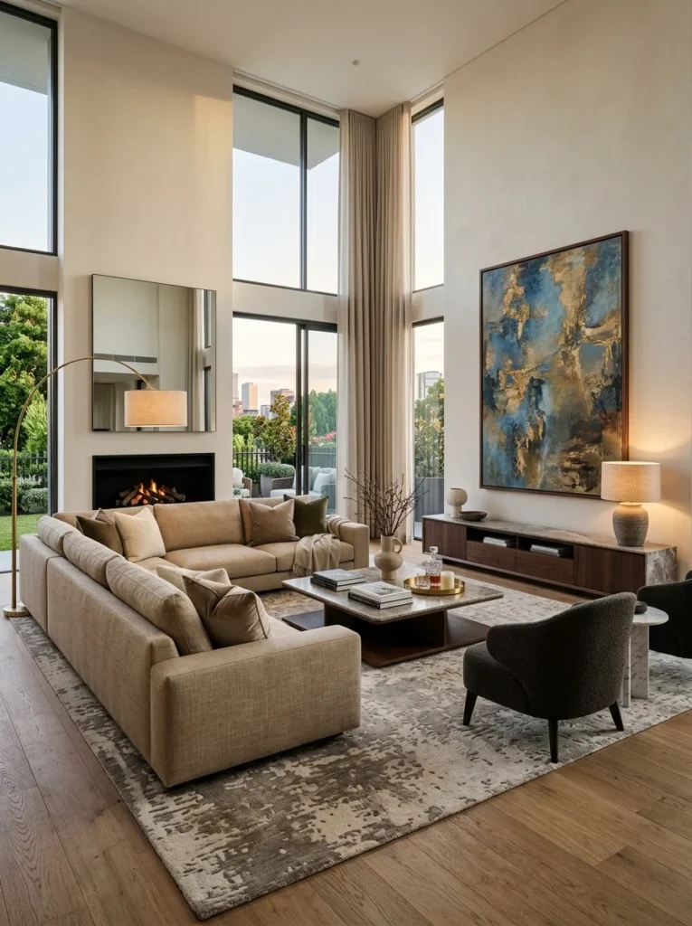 Beautiful finished living room with balanced furniture and layered decor