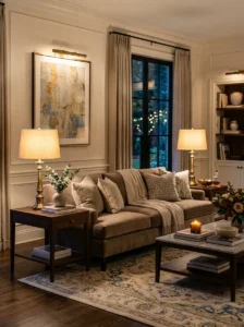 Table lamps adding warm lighting to a living room