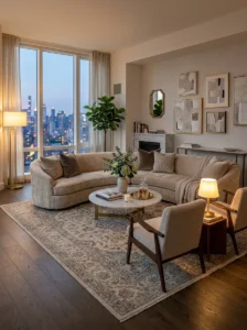 Large area rug defining a rental living room