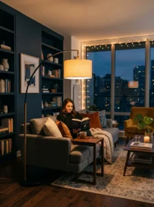 Floor lamp beside a sofa creating warm lighting