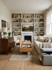 Built-in storage furniture in a small family living room