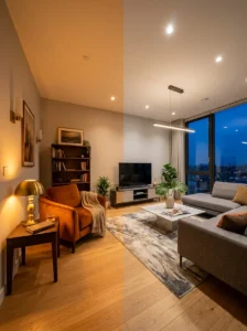 Comparison of warm white and amber lighting in a living room