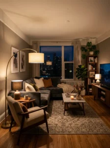 Warm layered lighting in a rental living room