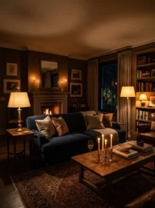 Cozy living room with warm lighting and layered textures