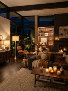 Cozy living room with warm evening lighting