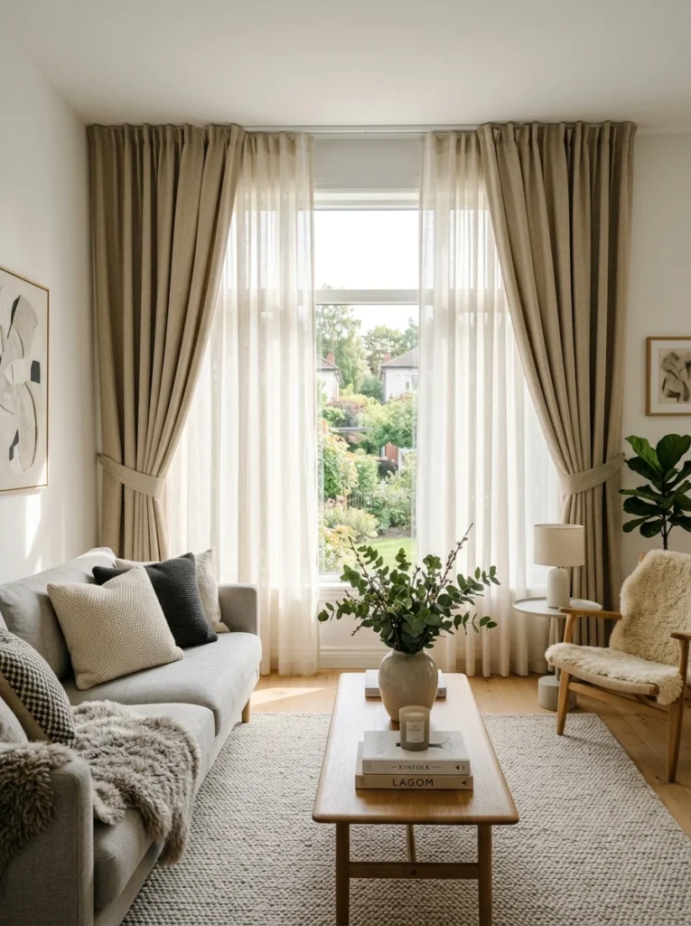 Modern living room with layered window treatments for privacy light control and comfort