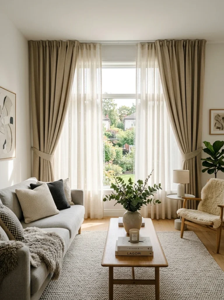 Modern living room with layered window treatments for privacy light control and comfort