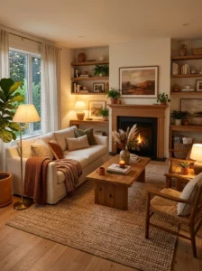 Warm colors and natural materials in a cozy living room