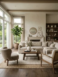 Layered neutral living room with texture and natural materials