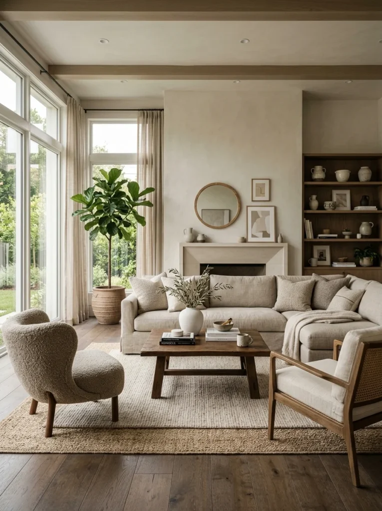 Layered neutral living room with texture and natural materials