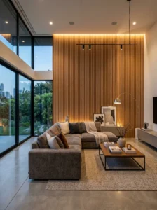 Wood slat feature wall in a modern living room